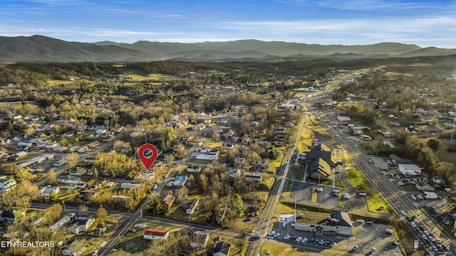 drone / aerial view featuring a mountain view