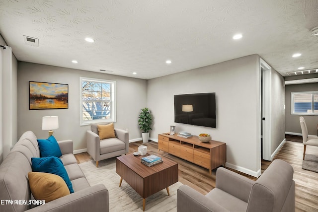 living room with a textured ceiling and light wood-type flooring