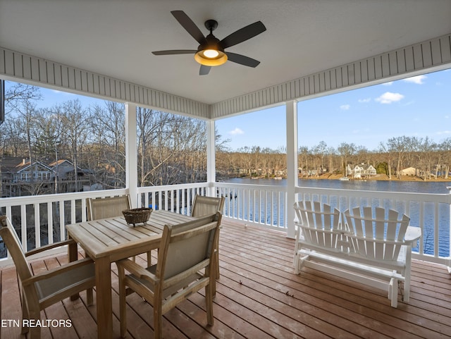 sunroom featuring a water view and ceiling fan