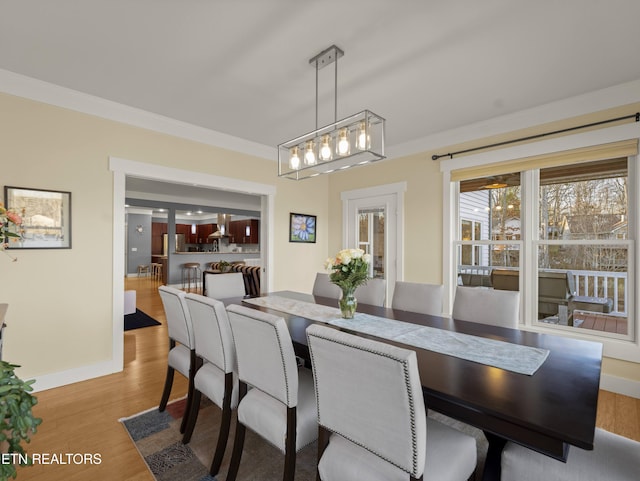 dining room featuring crown molding and light wood-type flooring