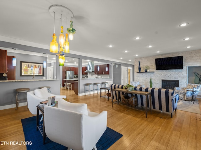 living room with a stone fireplace and light hardwood / wood-style floors