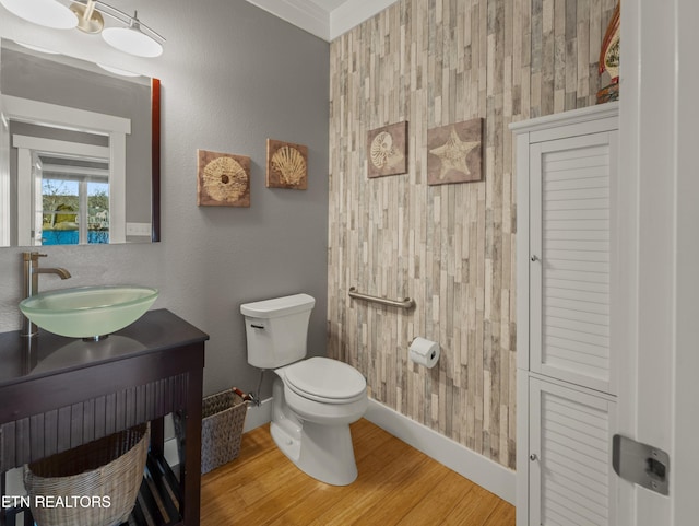 bathroom with hardwood / wood-style flooring, vanity, and toilet