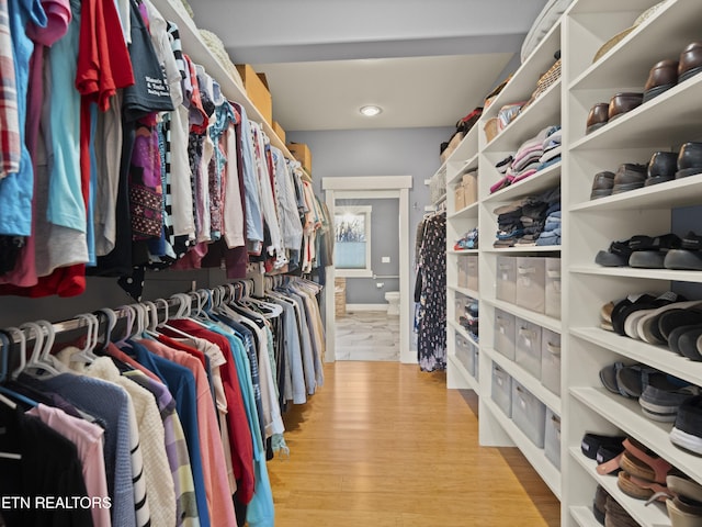 walk in closet with light wood-type flooring