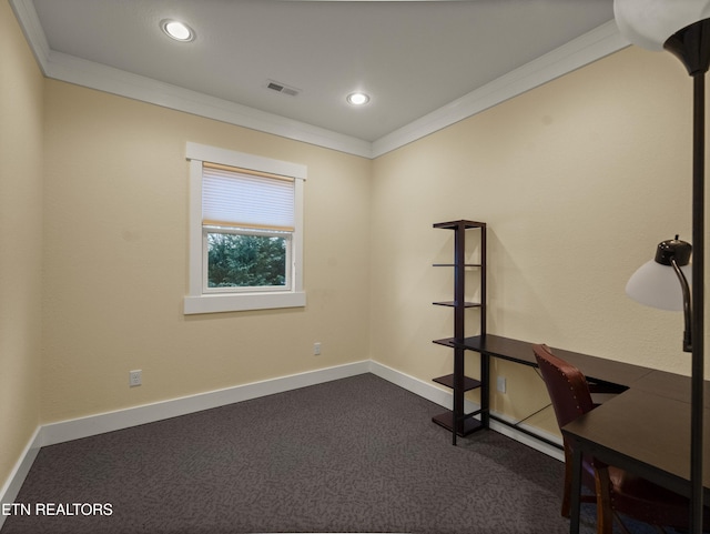 carpeted spare room with crown molding