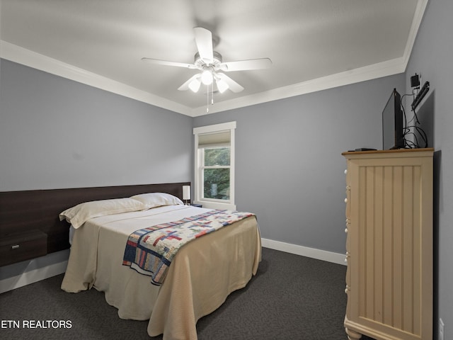 bedroom with ornamental molding, ceiling fan, and dark colored carpet