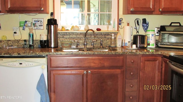 kitchen with electric stove, dishwasher, sink, and dark stone countertops