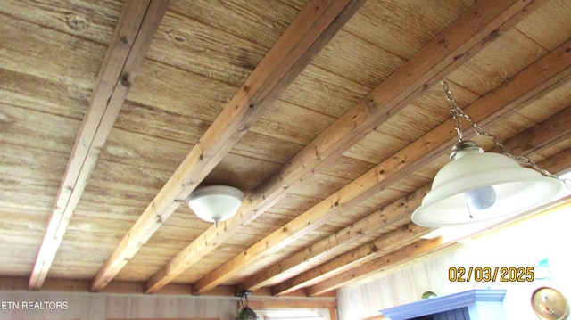 details with beamed ceiling and wood ceiling