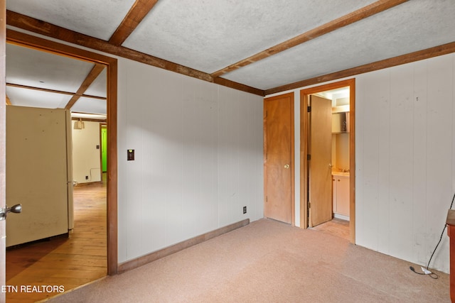 spare room featuring light carpet and a textured ceiling