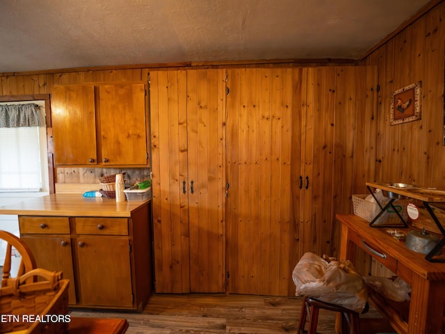 kitchen with wood-type flooring and wood walls