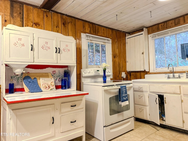 kitchen with wooden walls, white range with electric stovetop, white cabinetry, sink, and wooden ceiling