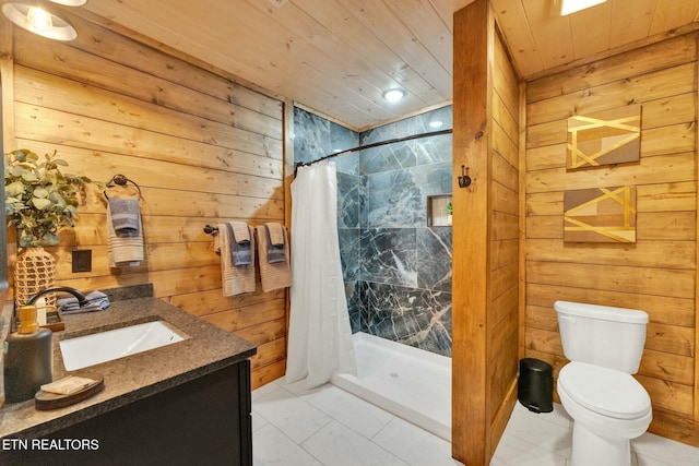 bathroom with walk in shower, toilet, wood ceiling, vanity, and wooden walls