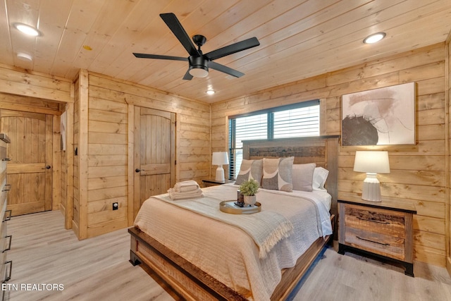 bedroom featuring wooden ceiling and wood walls