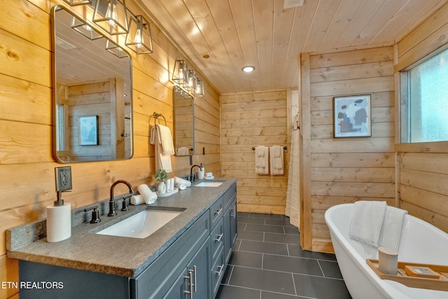 bathroom with wood ceiling, vanity, wooden walls, a bathtub, and tile patterned flooring