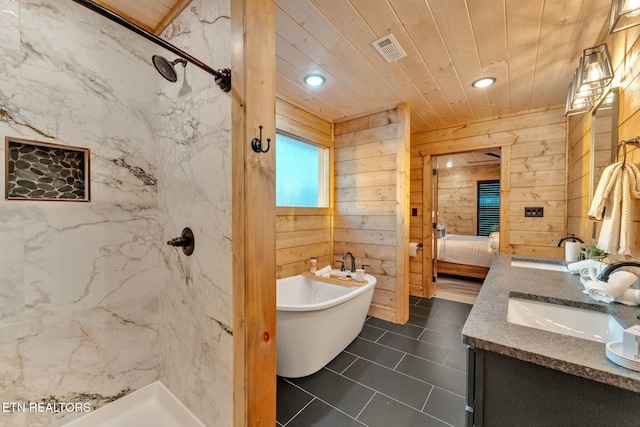 bathroom featuring tile patterned flooring, wooden walls, vanity, plus walk in shower, and wooden ceiling