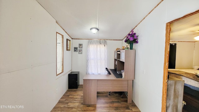 office area featuring crown molding and wood-type flooring