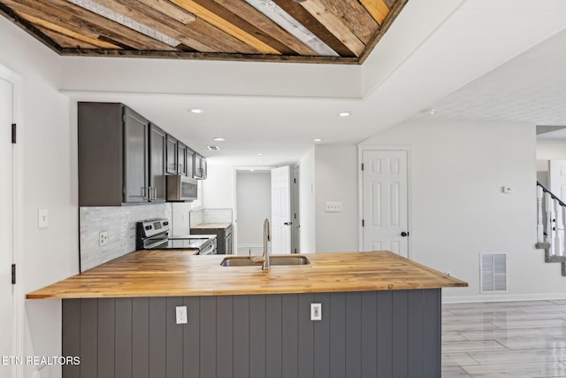 kitchen featuring sink, appliances with stainless steel finishes, wood counters, decorative backsplash, and kitchen peninsula