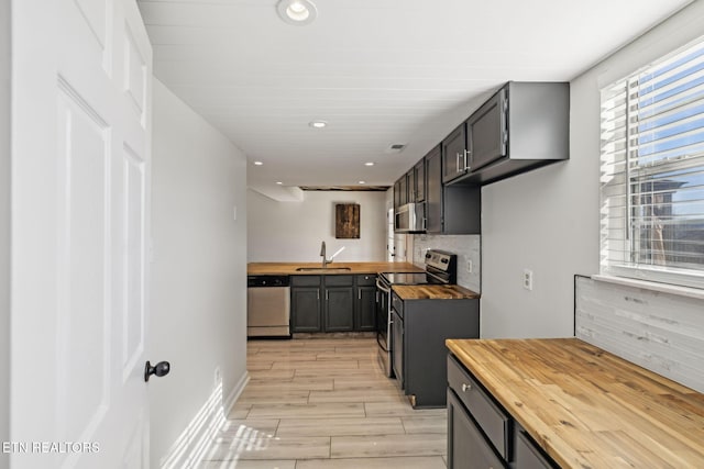 kitchen with appliances with stainless steel finishes, sink, wooden counters, and decorative backsplash