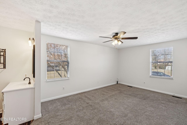 unfurnished room featuring plenty of natural light, carpet flooring, sink, and a textured ceiling