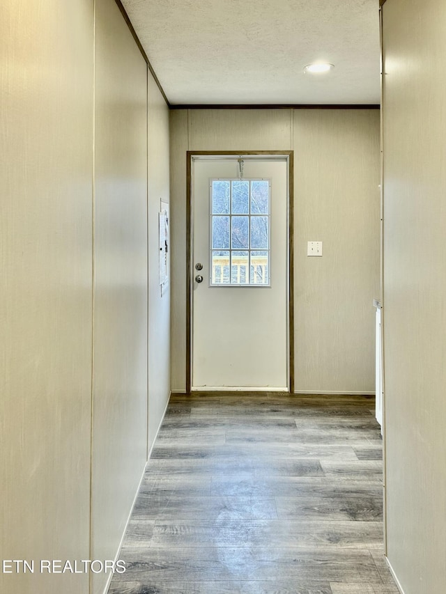 hallway with light hardwood / wood-style flooring and a textured ceiling