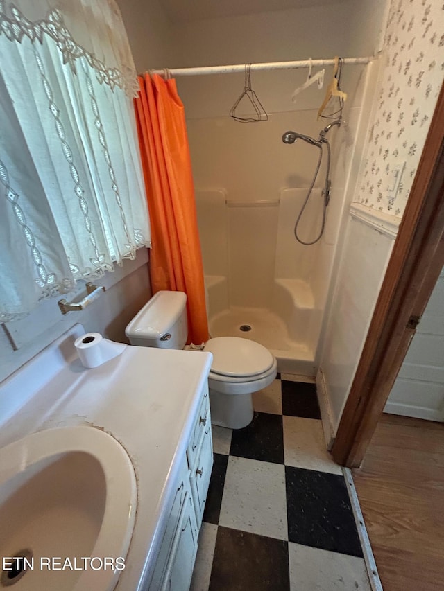 bathroom featuring vanity, toilet, and curtained shower