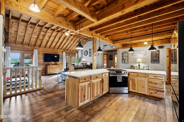 kitchen with hanging light fixtures, dark hardwood / wood-style flooring, wood ceiling, and stainless steel gas stove