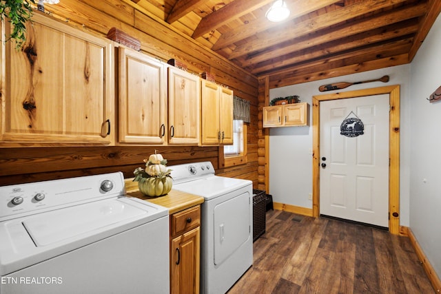 laundry room with wood ceiling, cabinets, dark hardwood / wood-style flooring, and separate washer and dryer