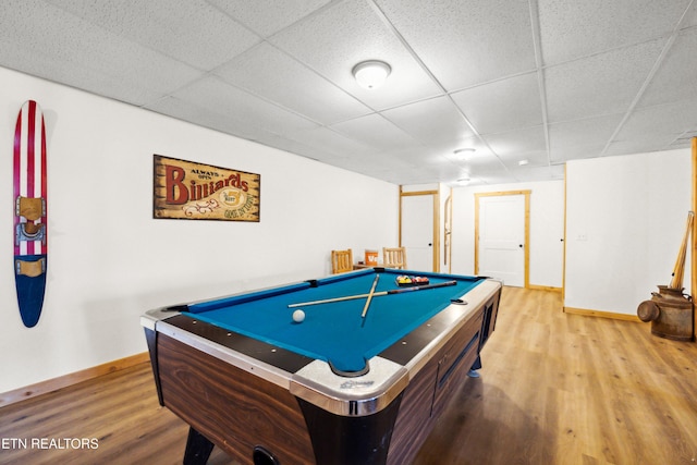 rec room featuring a paneled ceiling, wood-type flooring, and pool table