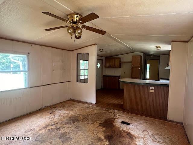 kitchen featuring vaulted ceiling, a healthy amount of sunlight, ceiling fan, and kitchen peninsula