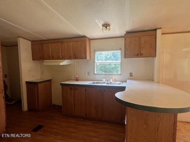 kitchen featuring dark hardwood / wood-style floors, kitchen peninsula, sink, and a textured ceiling