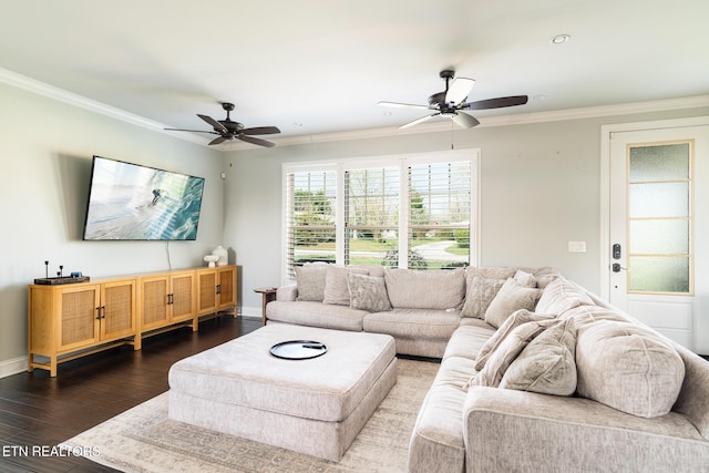 living room with crown molding, ceiling fan, and dark hardwood / wood-style flooring