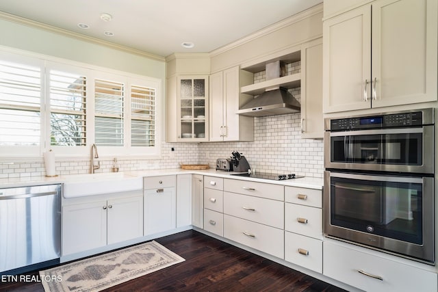 kitchen featuring appliances with stainless steel finishes, sink, wall chimney range hood, and decorative backsplash