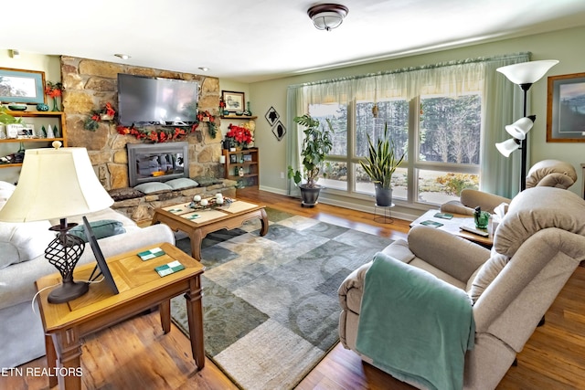 living area featuring a fireplace and wood finished floors