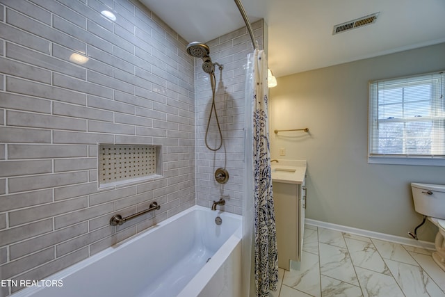 full bathroom featuring shower / tub combo with curtain, vanity, and toilet