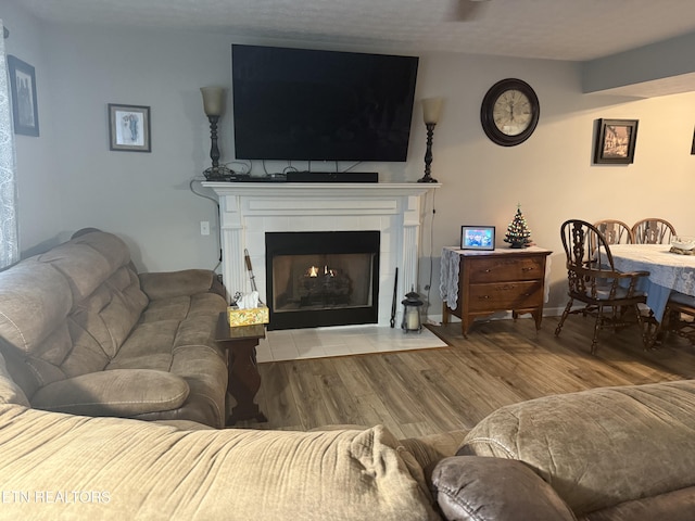 living room featuring a tiled fireplace and hardwood / wood-style floors