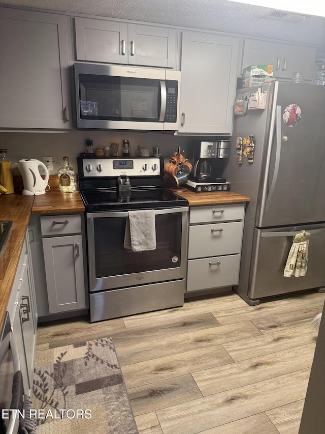 kitchen with wood counters, stainless steel appliances, light hardwood / wood-style floors, and gray cabinetry