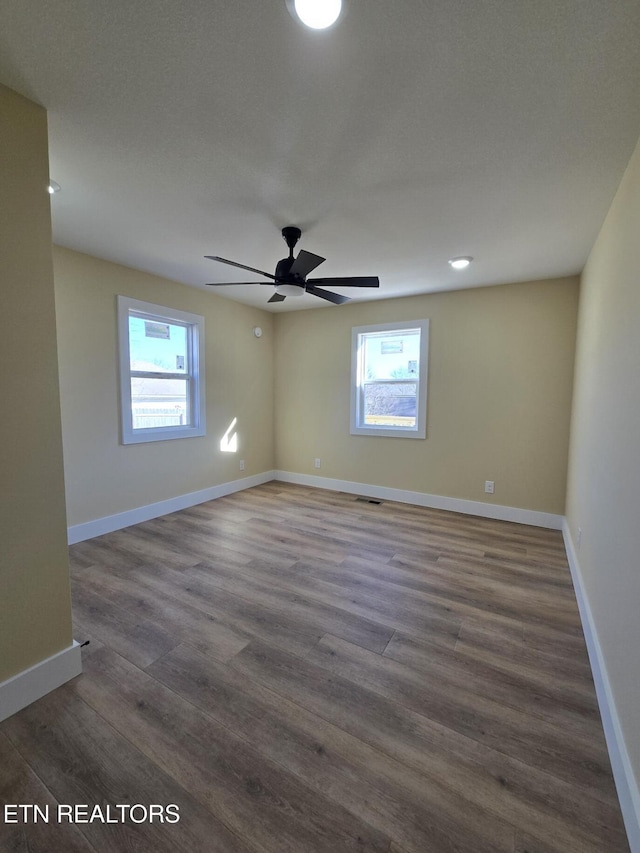 spare room with plenty of natural light, baseboards, and dark wood finished floors