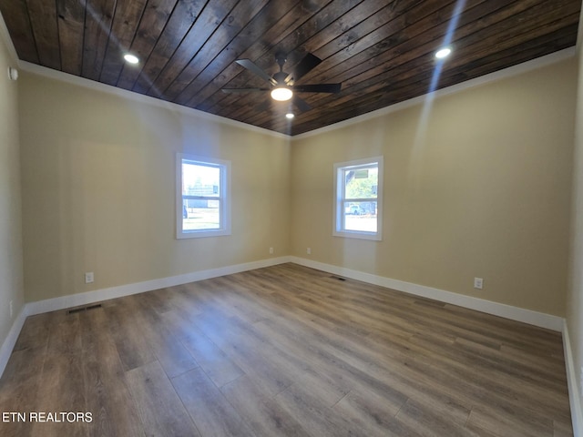 unfurnished room with recessed lighting, visible vents, wood finished floors, wooden ceiling, and baseboards