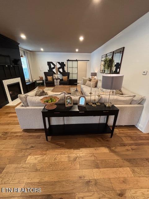 living room with light hardwood / wood-style flooring and a barn door