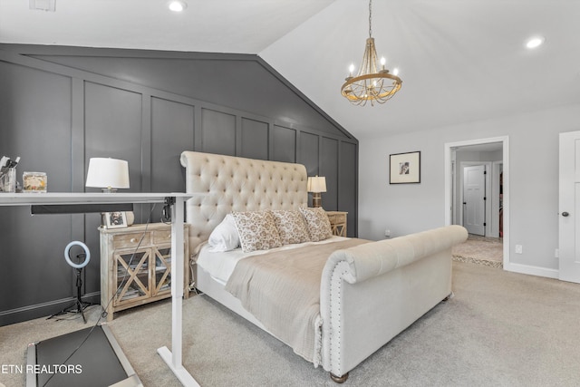 bedroom featuring vaulted ceiling, a decorative wall, carpet floors, a notable chandelier, and recessed lighting