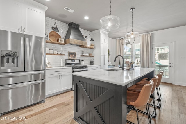 kitchen with open shelves, a sink, stainless steel appliances, premium range hood, and backsplash