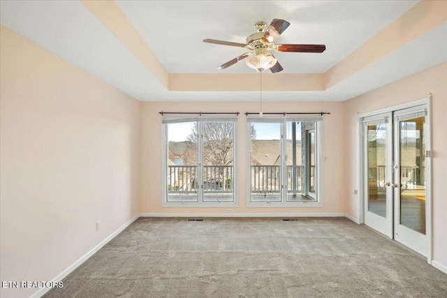 spare room featuring a wealth of natural light, a raised ceiling, and baseboards