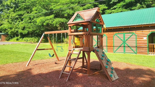 view of jungle gym with a lawn