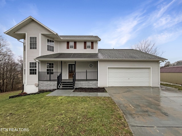 view of property with a garage, covered porch, and a front lawn