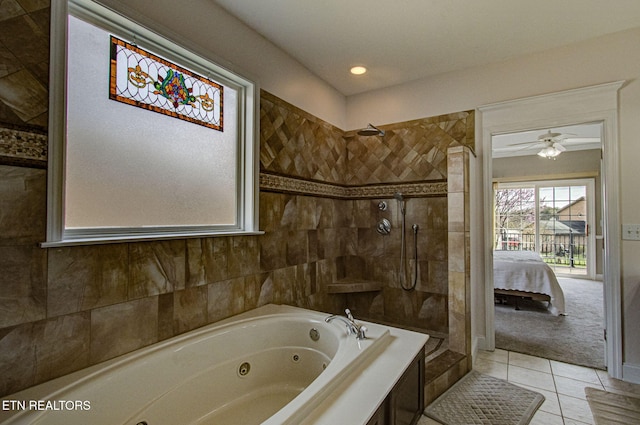 bathroom with tile patterned flooring and plus walk in shower