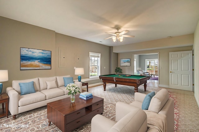 recreation room featuring plenty of natural light, pool table, and ceiling fan