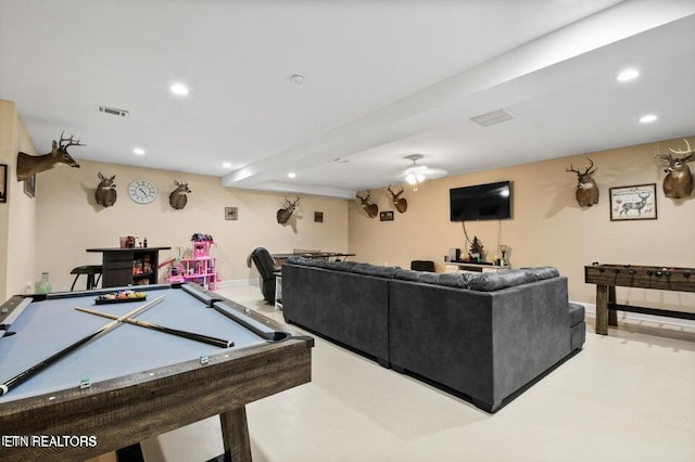 playroom with ceiling fan and billiards