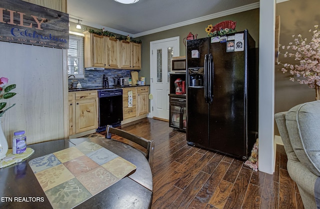 kitchen with dark countertops, light brown cabinets, black appliances, and dark wood-style flooring