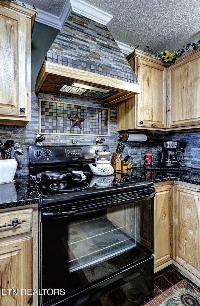 kitchen featuring light brown cabinets, decorative backsplash, black electric range, custom range hood, and a textured ceiling