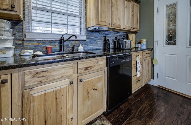 kitchen with light brown cabinets, dark wood-type flooring, dishwasher, decorative backsplash, and a sink