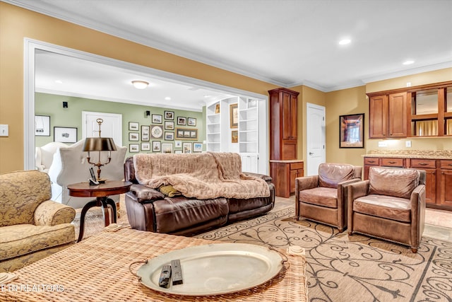 living room featuring crown molding